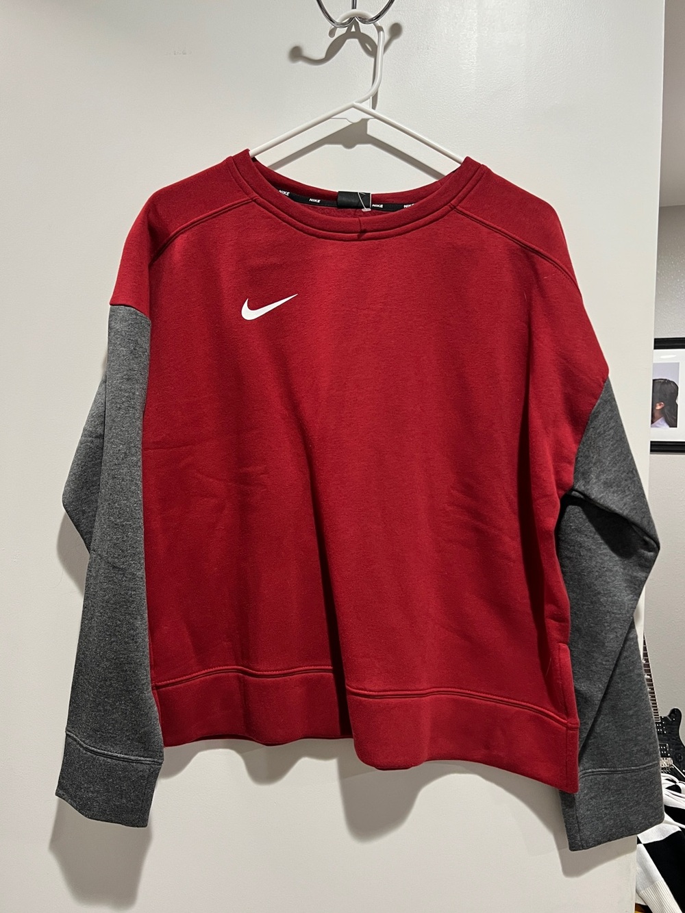 Nike Red Womens Crewneck Sweatshirt with Gray Sleeves | Brand New